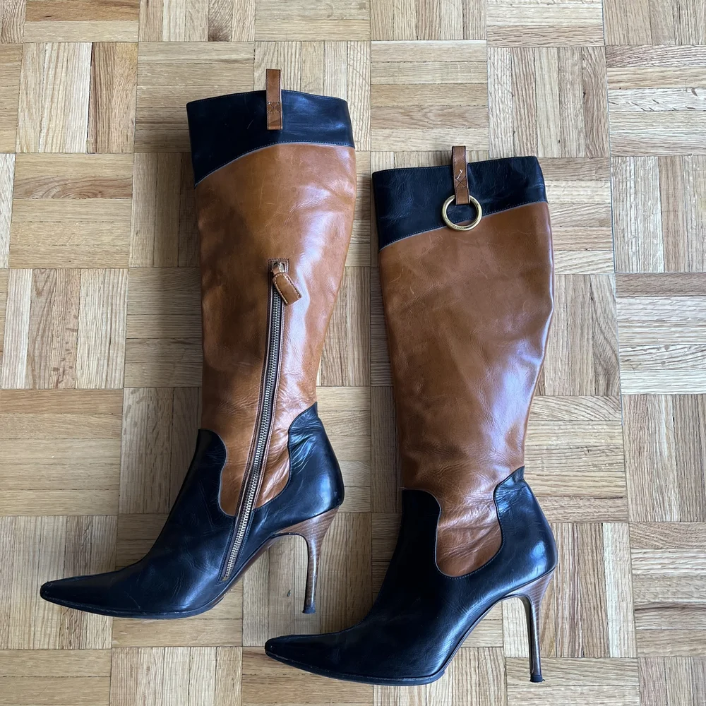 Black and Tan Leather Knee-High Boots - Picture 8 of 8